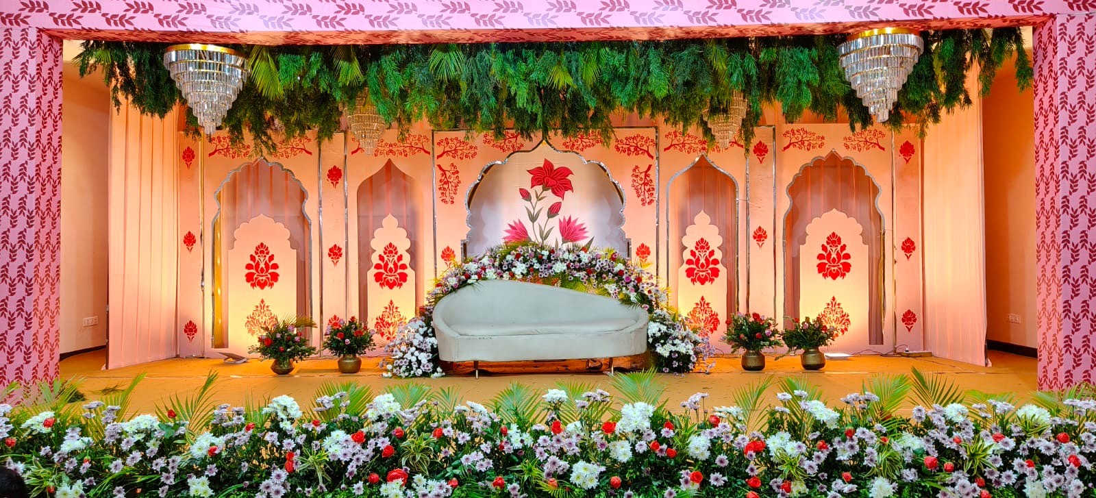 Peach floral wedding stage decoration